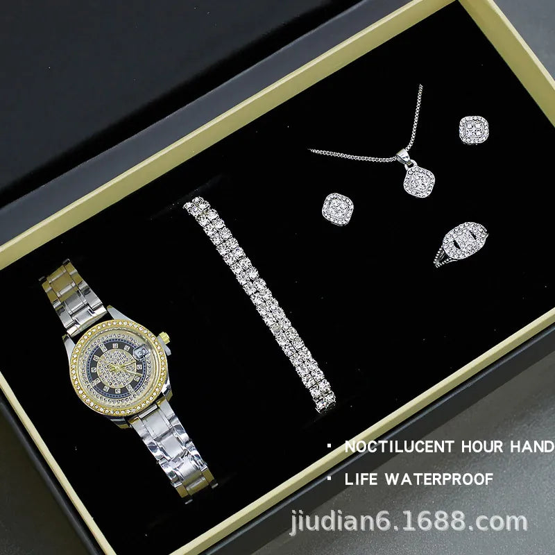 watch 5pcs/set new watch women's fashion quartz watch + jewelry suit foreign trade watch wholesale