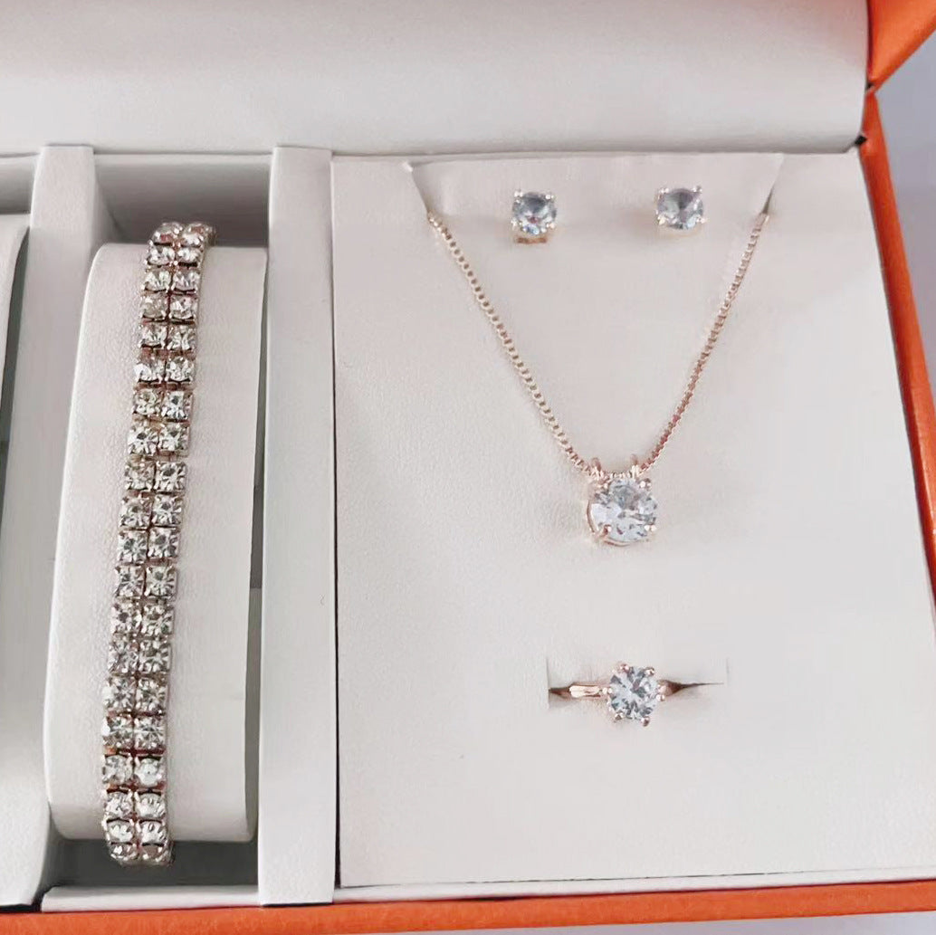 Hot Selling Simple suit Jewelry Fashion All-match Zircon Necklace Earrings Ring Bracelet Four-piece Jewelry in stock