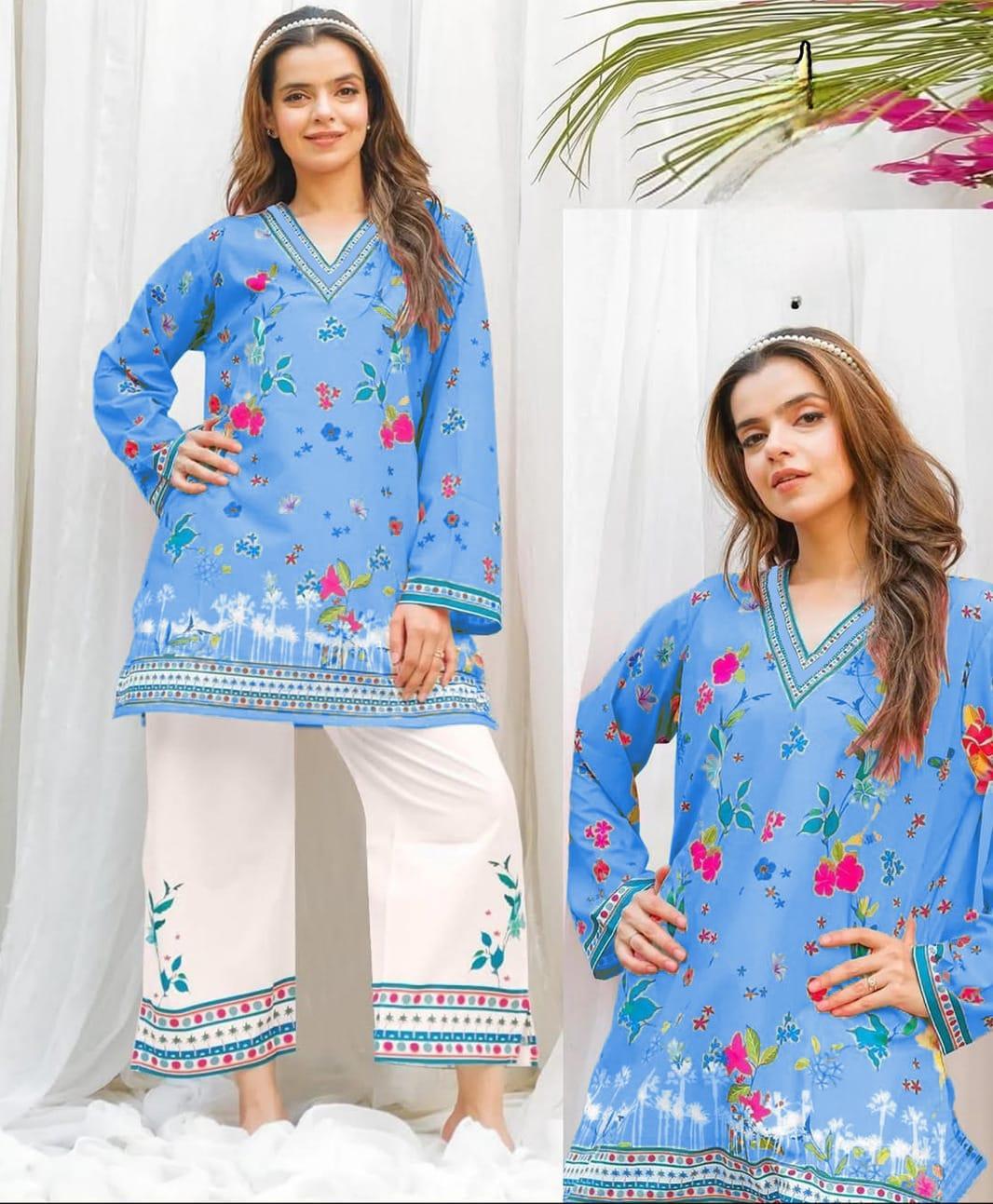 2 Pcs Women's Stitched Swiss Lawn Printed Shirt And Trouser