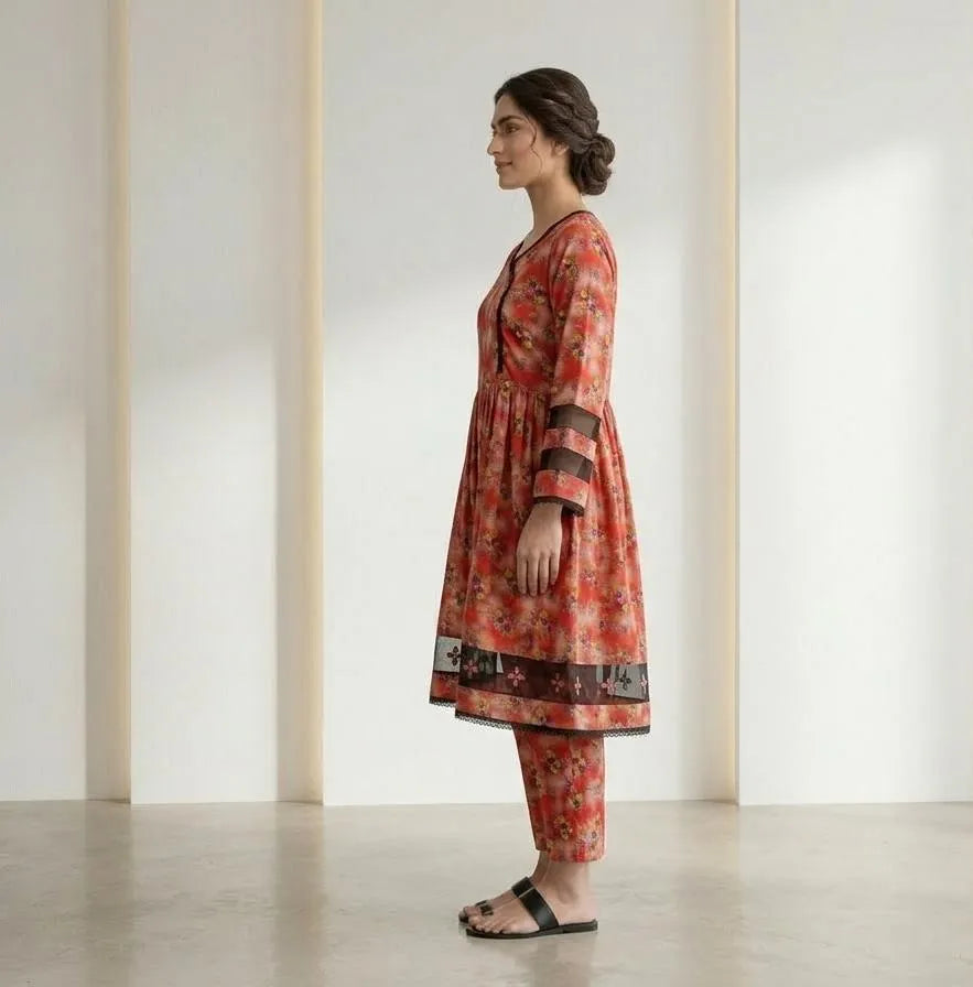 Women's Multicolor Lawn Printed Frock & Trouser Set