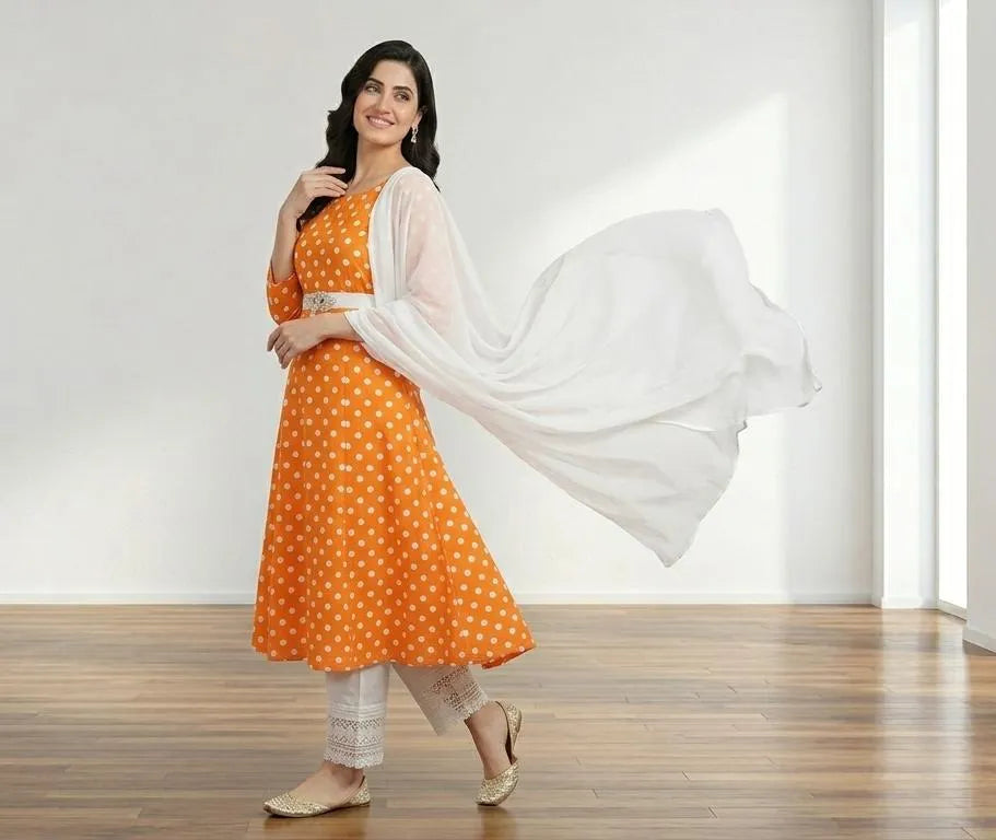 Orange Polka Dot Kurta Set with White Shawl