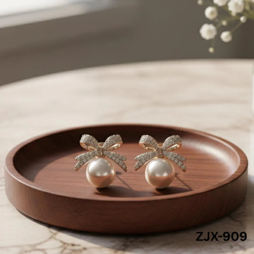 Korean Knot Pearl Earrings Silver Golden Zircon Bow