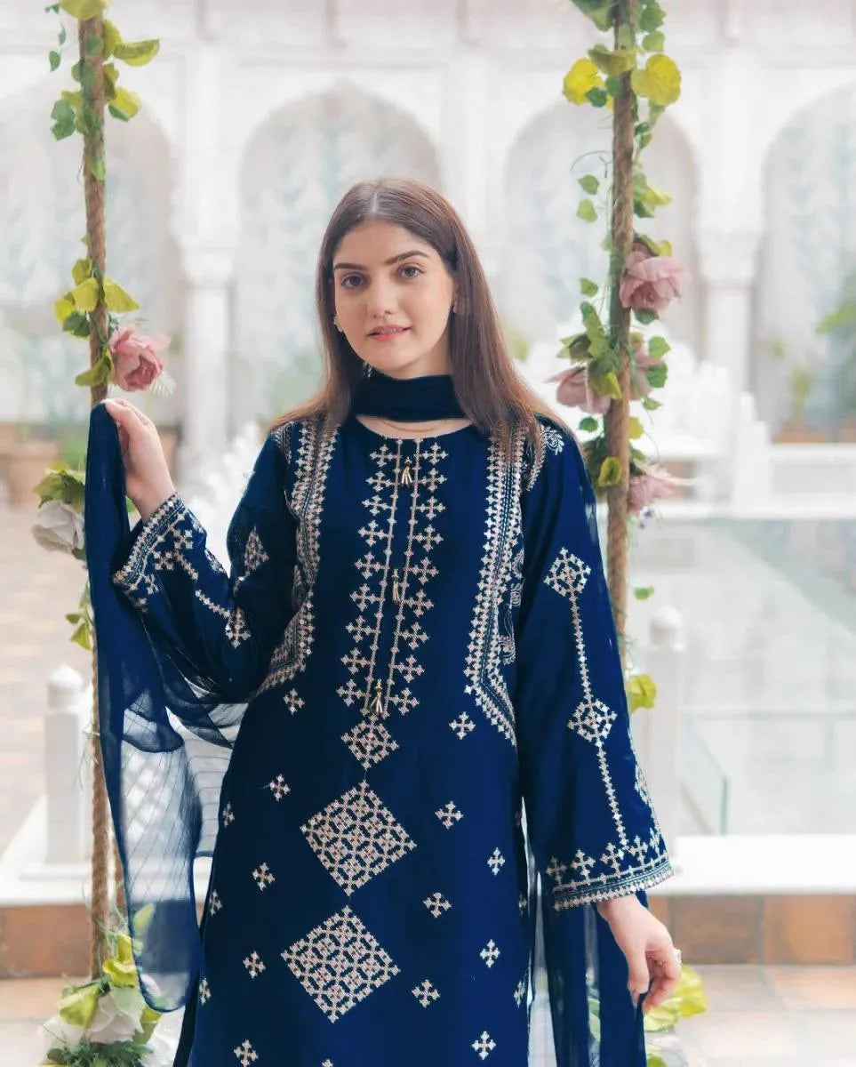 Blue Sequin Embroidered 3-Piece Suit for Women