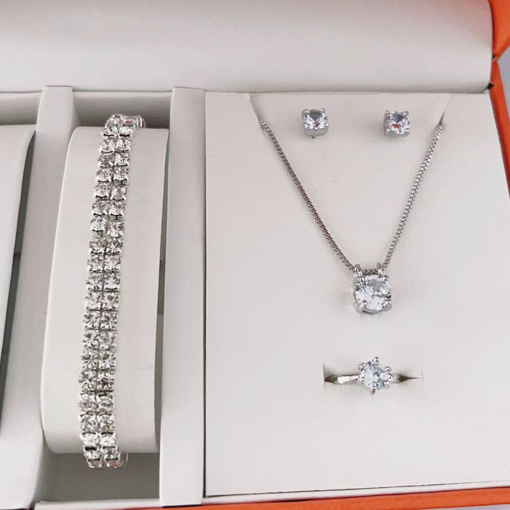 Hot Selling Simple suit Jewelry Fashion All-match Zircon Necklace Earrings Ring Bracelet Four-piece Jewelry in stock
