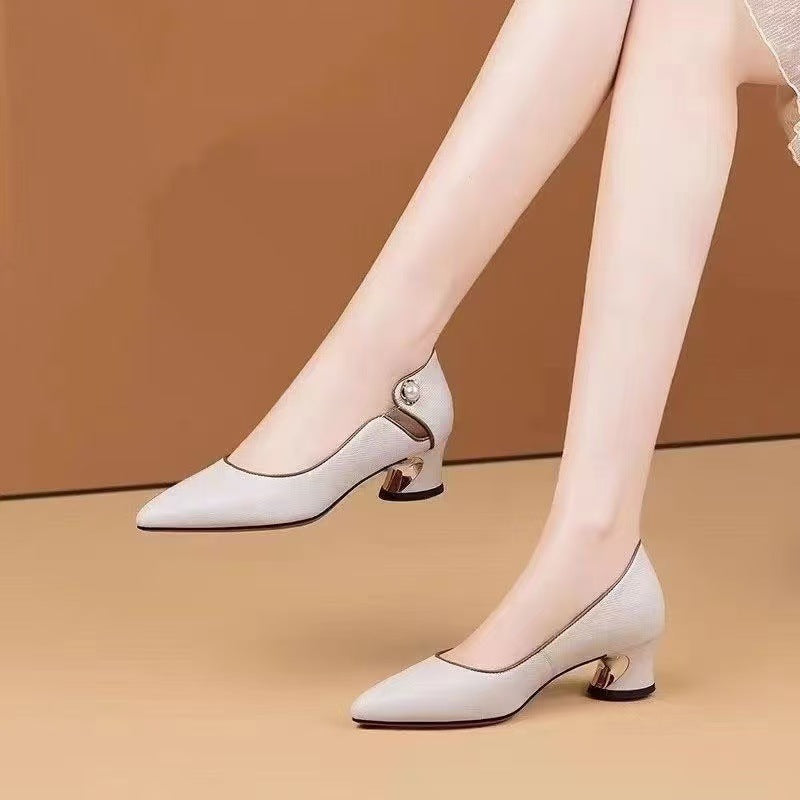 Professional Work Leather Shoes Women's Spring 2025 New Soft Leather Elegant Mid-Heel Shallow Women's Shoes Pointed Thick Heel Single-layer Shoes for Women