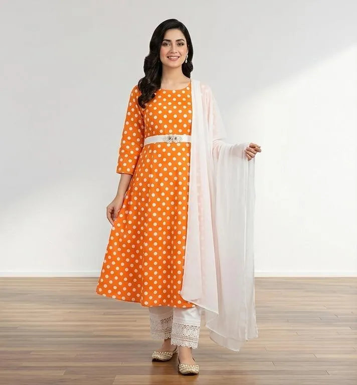 Orange Polka Dot Kurta Set with White Shawl