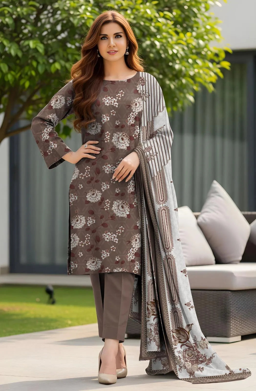 Brown Floral Printed 3-Piece Lawn Suit for Women