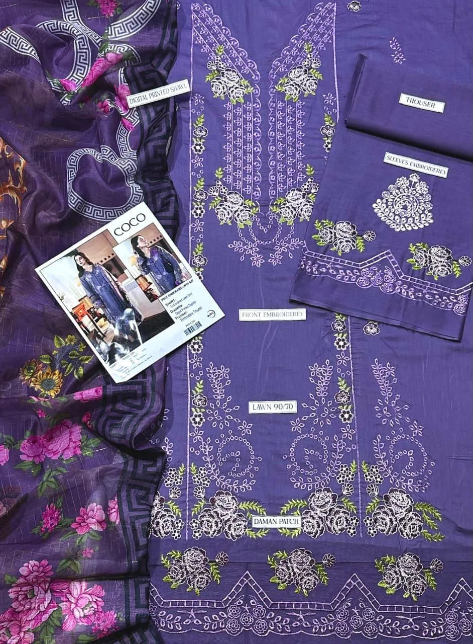 Purple Embroidered Lawn 3Pcs Set for Women