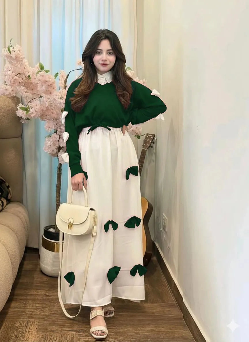 Green Georgette 2Pc Set Maxi Dress with Jacket Eid Special