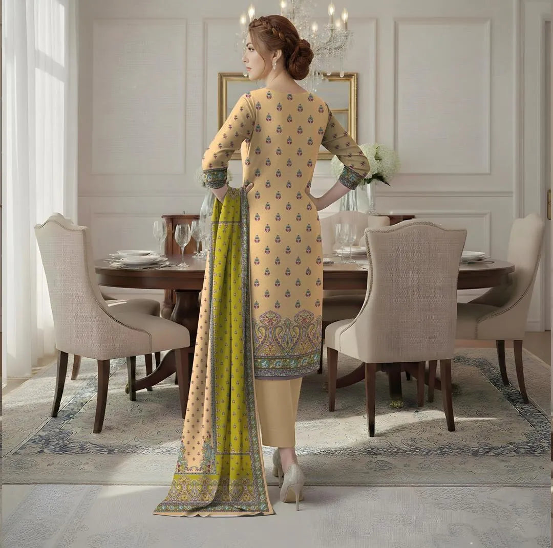 Yellow Printed Dobby Lawn 3Pcs Shirt Dupatta Trouser Set