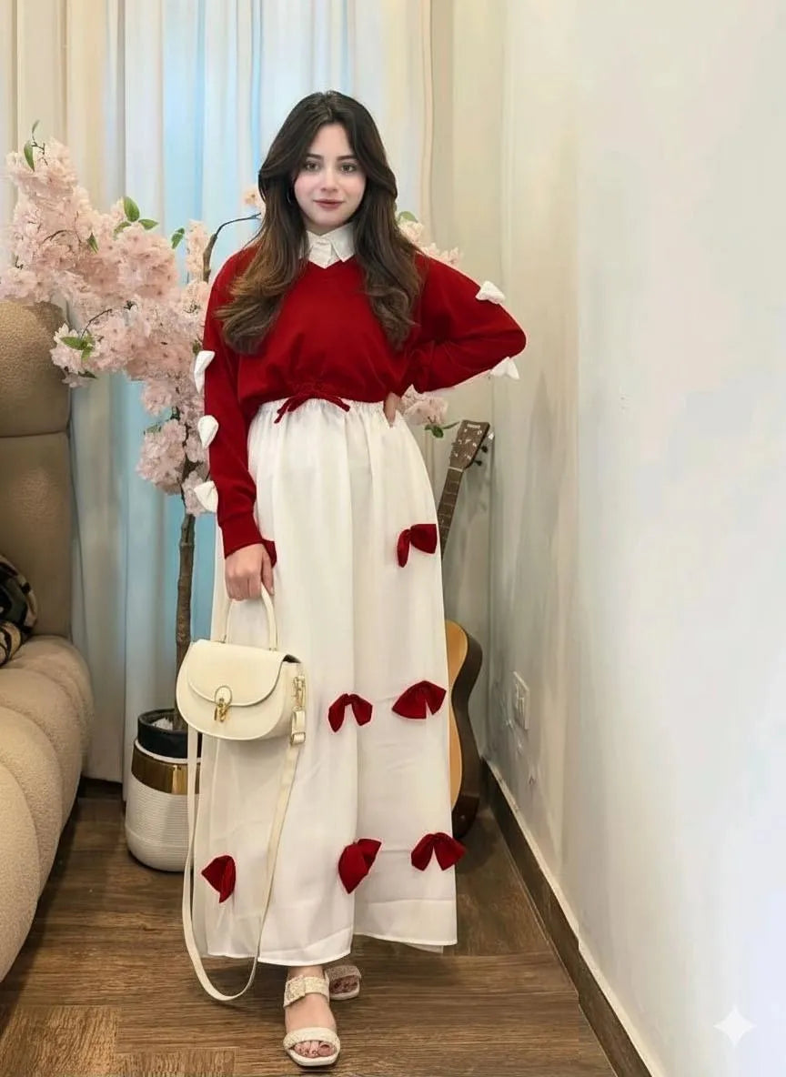 Premium Georgette Bow Top & Maxi Set 2Pcs