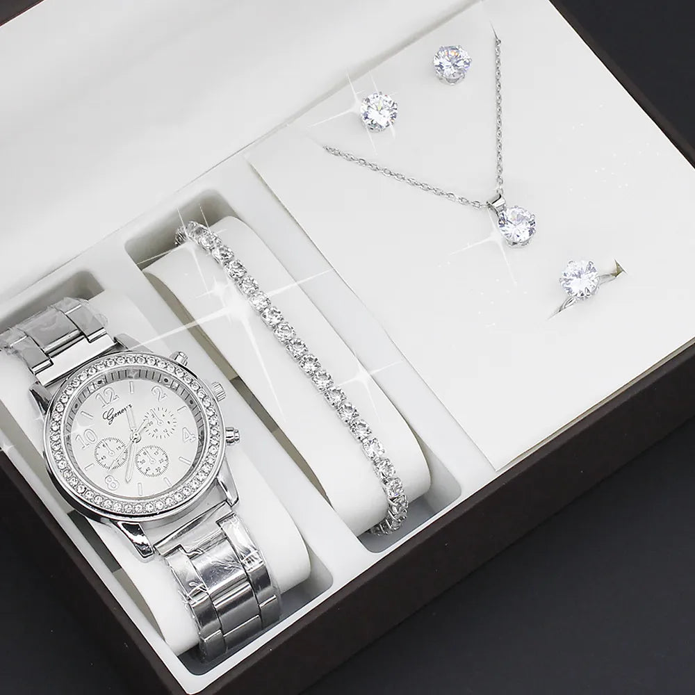 watch 5pcs/set new watch women's fashion quartz watch + jewelry suit foreign trade watch wholesale
