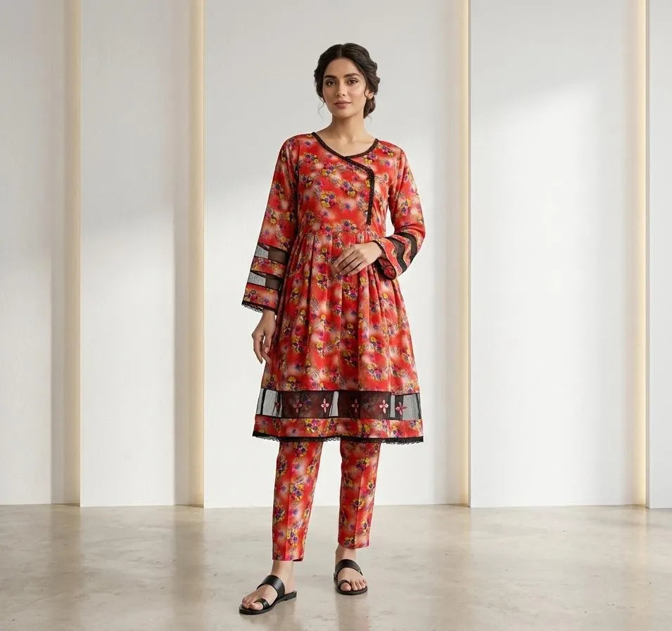 Women's Multicolor Lawn Printed Frock & Trouser Set