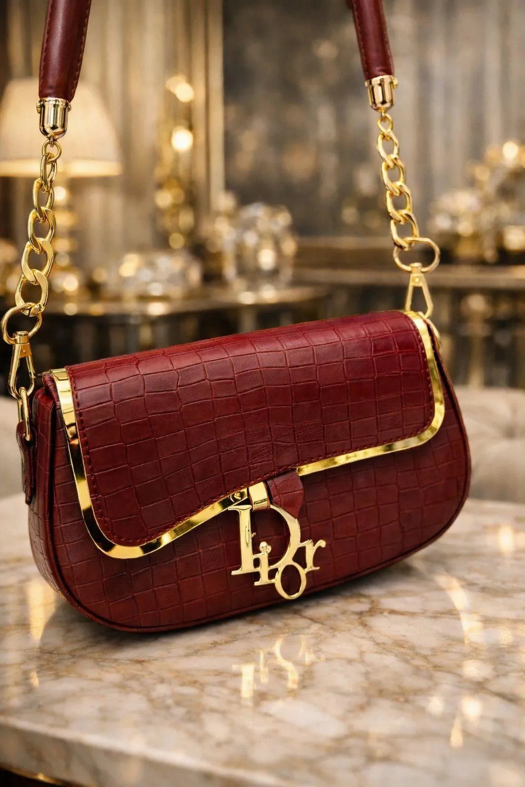 Maroon Croc Embossed Rexine Shoulder Bag with Gold Hardware
