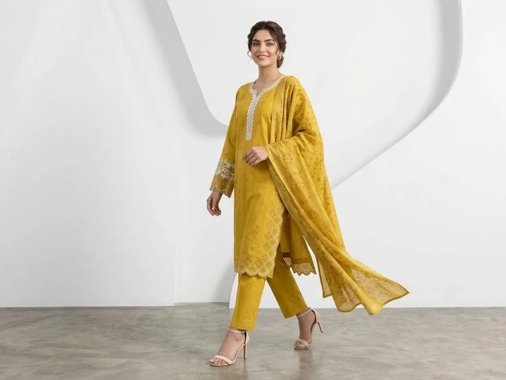 Mustard Embroidered 3Pcs Cotton Lawn