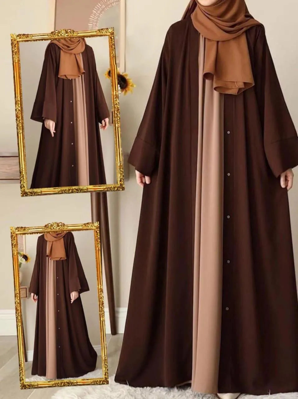 Georgette Plain Abaya Chocolaty Brown V-Neck Detachable Stoller