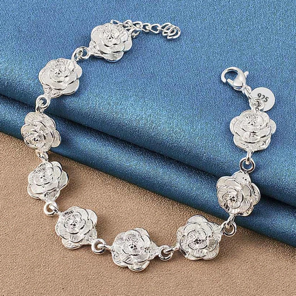 Natural Style 925 Sterling Silver Plated Rose Bracelet - Fashionable, Elegant, Luxurious Style, Adorned With Exquisite Silvery Jewelry - Perfect For Daily Wear And Parties - Women's Fashion Charm Gift