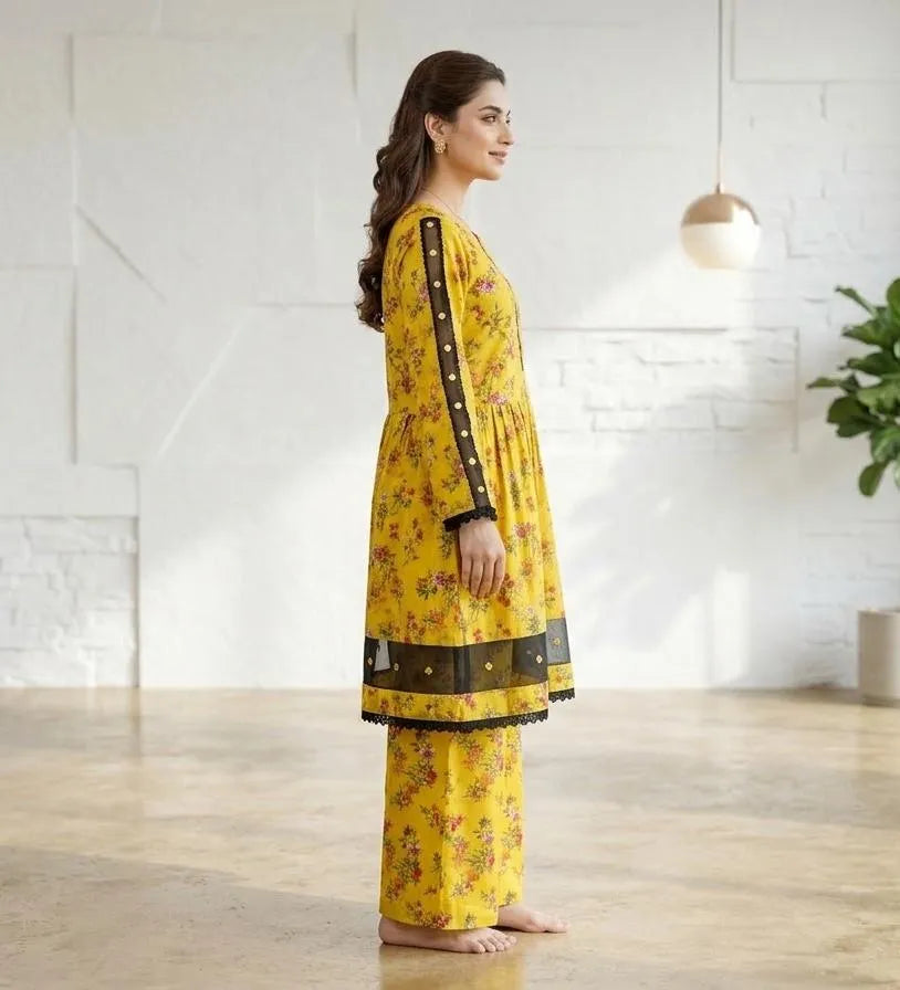 2 Pcs Women's Stitched Lawn Digital Print Frock And Trouser with Lace and Tissue