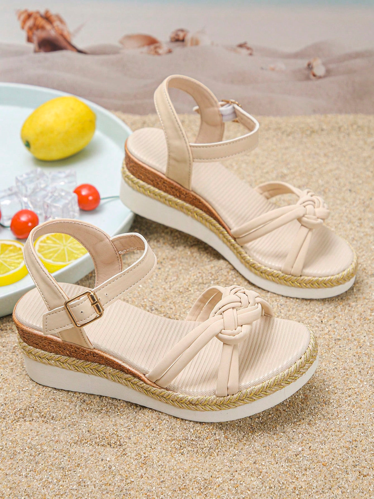 1 Pair Girl's Casual Comfortable Thick Sole Sandals With Chinese Knot Decor, Suitable For Summer Outdoor, Open Toe, Platform Wedge