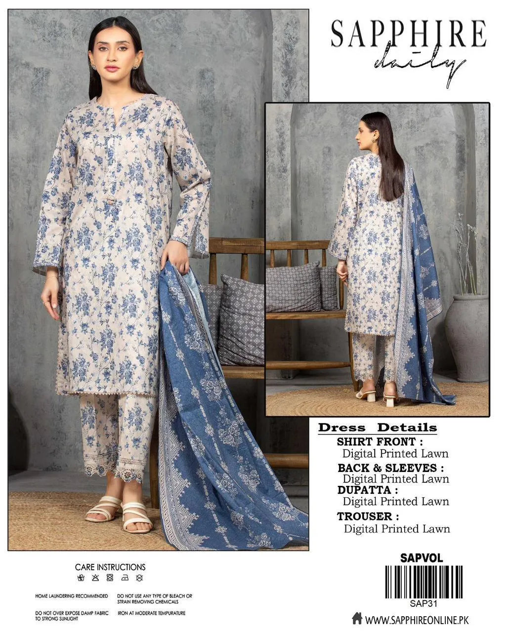 Sapphire Unstitched Printed Lawn Suit Blue Floral 3Pc