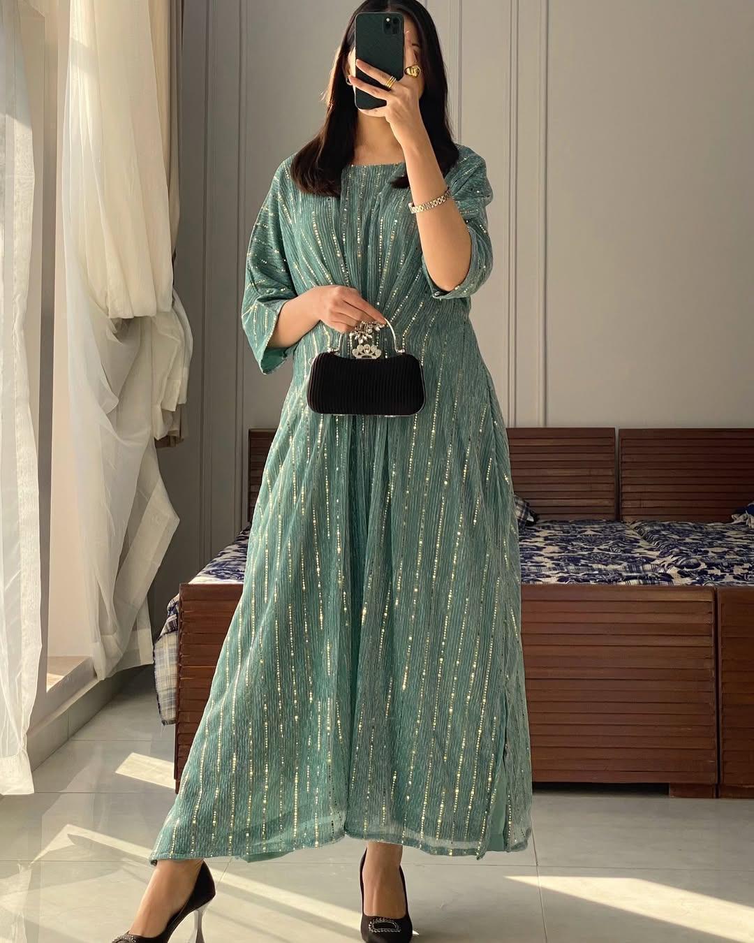 Sequins Embroidered Chiffon Shirt - Women's Stitched Kaftan (1 Pc)