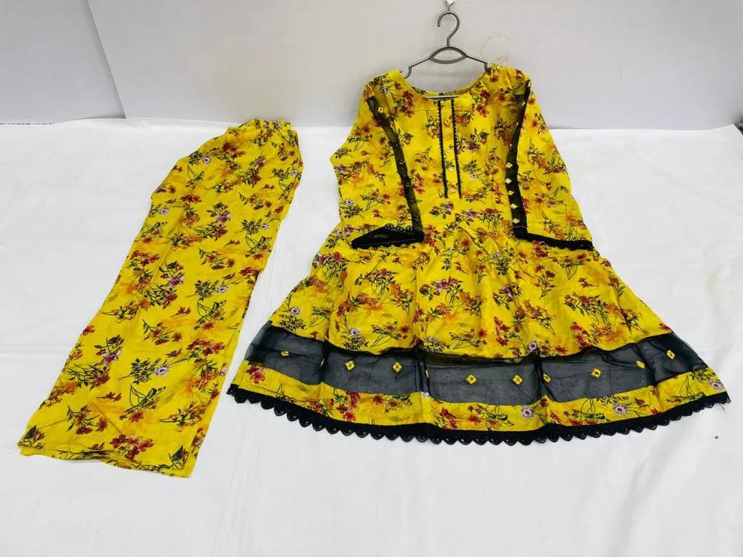 2 Pcs Women's Stitched Lawn Digital Print Frock And Trouser with Lace and Tissue