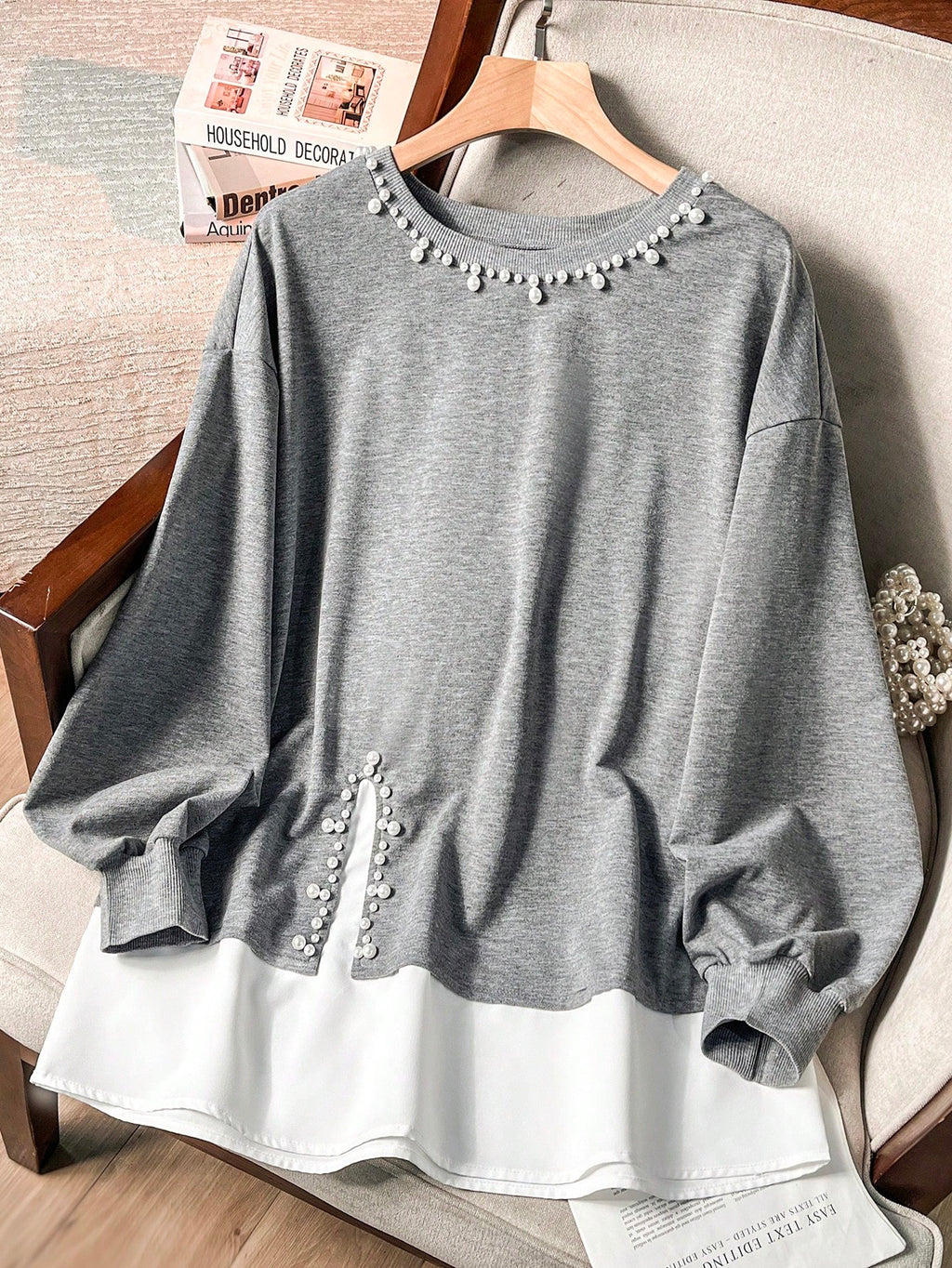 Lacomfia Women's Loose Fit Pearl Decor Crew Neck Long Sleeve Casual Everyday Sweatshirt, Plus Size Fall